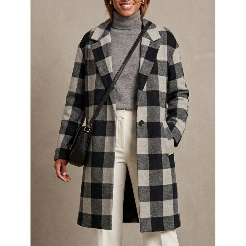 American Eagle Buffalo Plaid Trench Car Coat in Black/Gray Check Size Large
